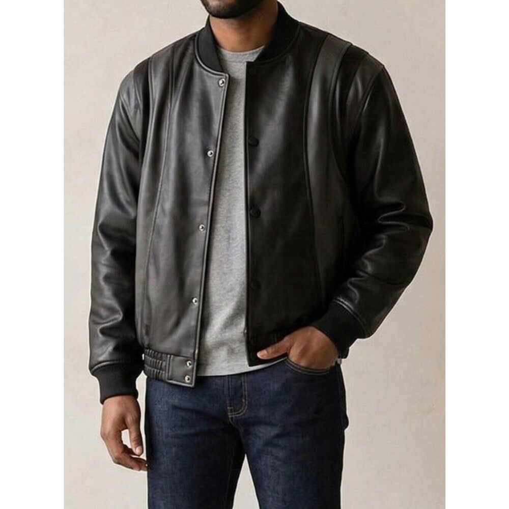 Just Don All City Roster Varsity Leather Bomber Jacket Solid Black Large